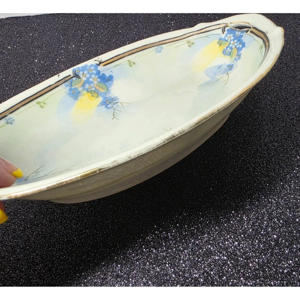 Te-Oh China Hand Painted Nippon Forget Me Not Floral Nut Bowl Gold Trim Oval